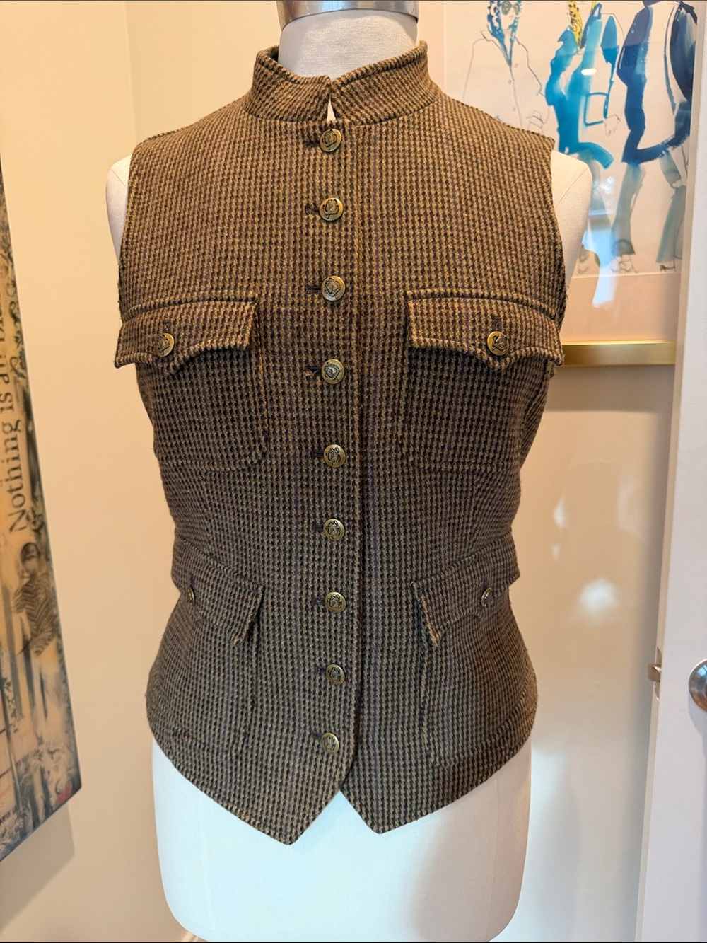 Lauren Ralph Lauren Brown Wool-Blend Houndstooth Sleeveless Button Vest